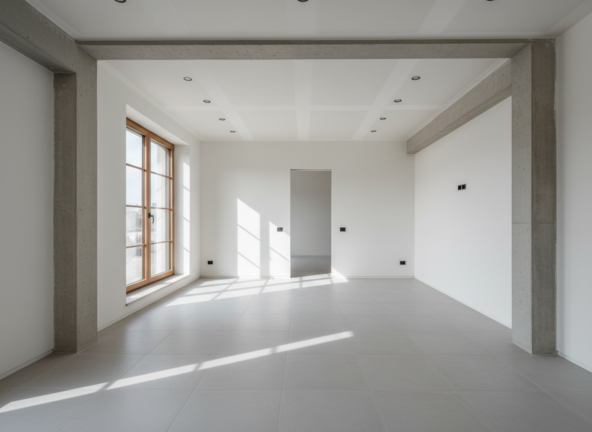 A meticulously renovated modern living room in an Italian apartment, featuring perfectly aligned white plaster walls, a flawless light-grey tiled floor, and a precise, seamless drywall ceiling with recessed LED spotlights. Clean structural beams and an elegant doorway with sharp edges demonstrate expert muratura and cartongesso work. Near the back, a large window with minimal frames lets in soft natural daylight that washes evenly across the surfaces, creating gentle, realistic shadows. The space is uncluttered and ready to be furnished, emphasizing the quality of the renovation. Photographed at eye level with sharp focus and a slightly wide angle, in a clean, realistic, professional style that conveys trust, precision, and complete ristrutturazione service.