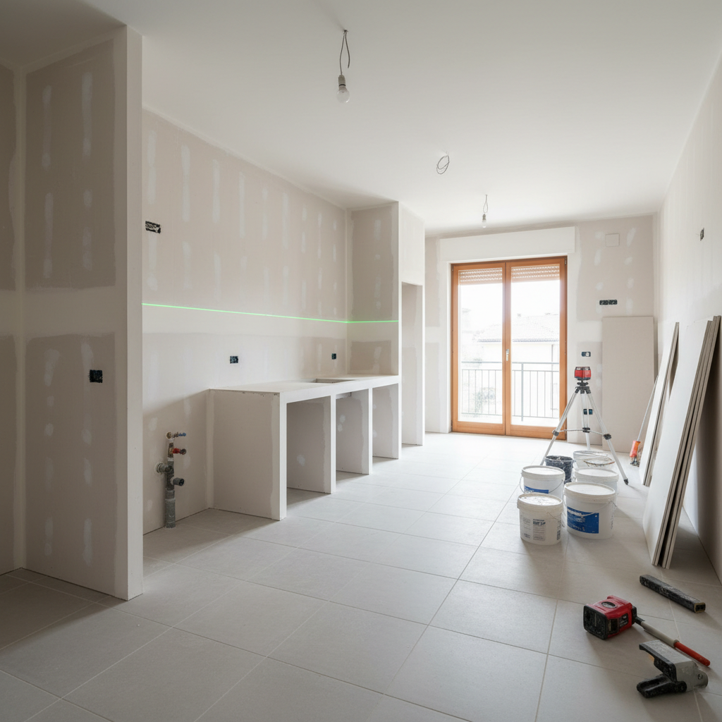 A bright open-plan kitchen and dining area mid-renovation, showing neatly built partition walls in cartongesso, freshly laid ceramic floor tiles, and accurately aligned electrical and plumbing outlets ready for fixtures. Buckets of plaster, laser level on a tripod, and stacked gypsum boards are organized against one side, demonstrating a professional and orderly worksite. Natural daylight from a large balcony door illuminates the scene, highlighting smooth wall surfaces and crisp corners, while overhead work lights add a neutral, even fill. Captured from a slightly elevated angle in photographic realism, with clear details and subtle depth of field, the atmosphere is efficient and trustworthy, emphasizing complete renovation in progress and rapid, professional service.