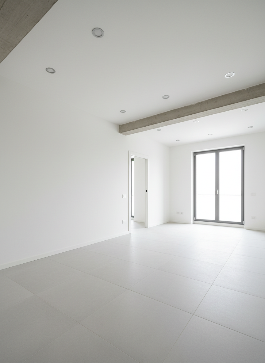 A meticulously renovated modern living room in an Italian apartment, featuring perfectly aligned white plaster walls, a flawless light-grey tiled floor, and a precise, seamless drywall ceiling with recessed LED spotlights. Clean structural beams and an elegant doorway with sharp edges demonstrate expert muratura and cartongesso work. Near the back, a large window with minimal frames lets in soft natural daylight that washes evenly across the surfaces, creating gentle, realistic shadows. The space is uncluttered and ready to be furnished, emphasizing the quality of the renovation. Photographed at eye level with sharp focus and a slightly wide angle, in a clean, realistic, professional style that conveys trust, precision, and complete ristrutturazione service.
