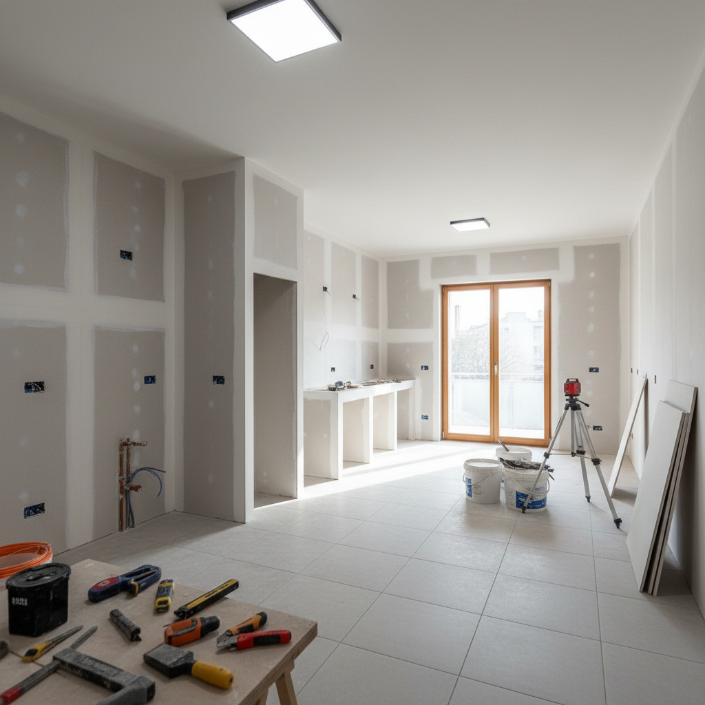 A bright open-plan kitchen and dining area mid-renovation, showing neatly built partition walls in cartongesso, freshly laid ceramic floor tiles, and accurately aligned electrical and plumbing outlets ready for fixtures. Buckets of plaster, laser level on a tripod, and stacked gypsum boards are organized against one side, demonstrating a professional and orderly worksite. Natural daylight from a large balcony door illuminates the scene, highlighting smooth wall surfaces and crisp corners, while overhead work lights add a neutral, even fill. Captured from a slightly elevated angle in photographic realism, with clear details and subtle depth of field, the atmosphere is efficient and trustworthy, emphasizing complete renovation in progress and rapid, professional service.