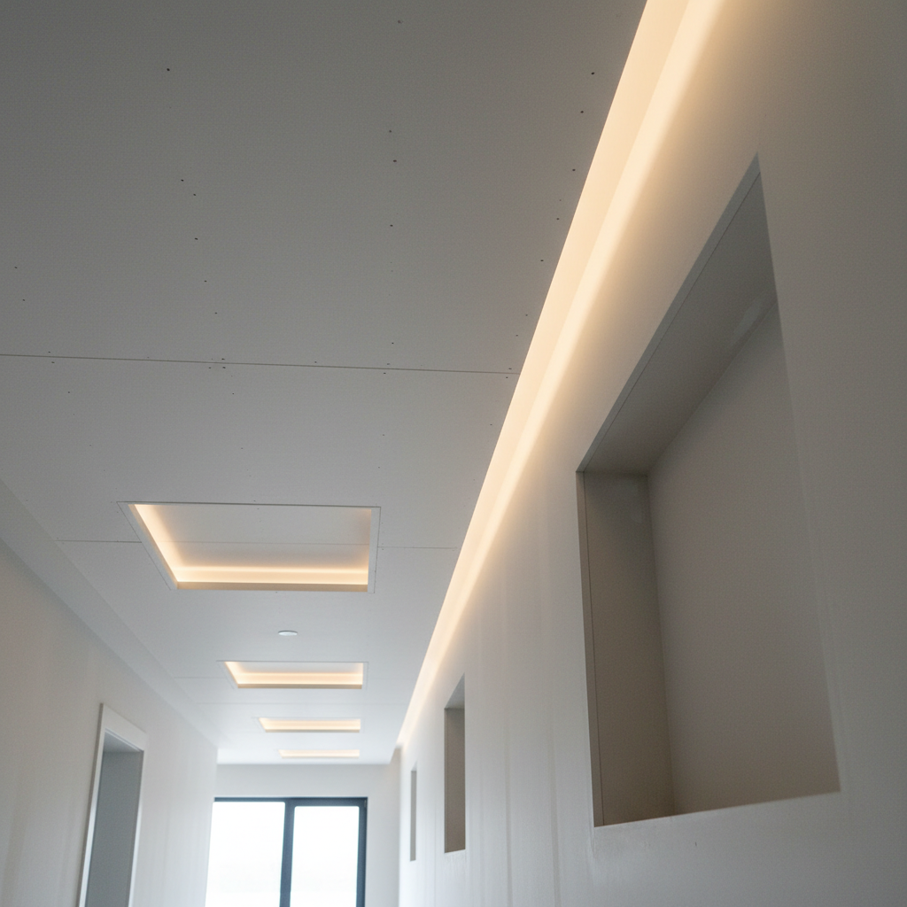 A close-up, detailed view of a new cartongesso false ceiling with recessed niches and integrated LED strip channels, in a contemporary hallway. The gypsum panels meet with perfectly straight joints and crisp, sanded edges, with a fine, even skim-coat finish ready for painting. Along the side wall, a precisely executed niche with sharp internal corners demonstrates expert drywall craftsmanship. Soft, diffused lighting from hidden LEDs and a distant window creates subtle highlights along the edges and gentle shadows in the recesses. Shot from a low angle along the ceiling line with shallow depth of field, emphasizing craftsmanship and precision, in a clean, photographic, professional style suitable for showcasing high-quality finishing details.