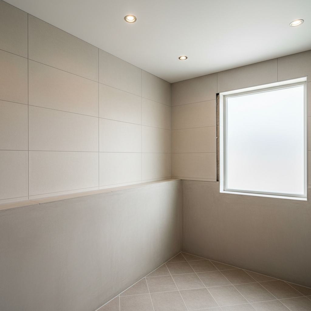 A freshly renovated bathroom showcasing flawless wall tiling above a perfectly rendered masonry base, with large-format light beige tiles aligned in clean, straight grout lines. The lower section of the walls and shower area reveals expertly executed waterproofed masonry work, subtly visible where a glass panel will be installed. The floor features slightly darker non-slip tiles laid diagonally, emphasizing precision. Neutral, bright ceiling spotlights and soft daylight from a frosted window combine to create clear, even illumination, revealing every detail of the surfaces. Captured from a wide-angle corner perspective in realistic photographic style, with sharp focus throughout, the mood is hygienic, modern, and highly professional, ideal for a ristrutturazioni business portfolio.