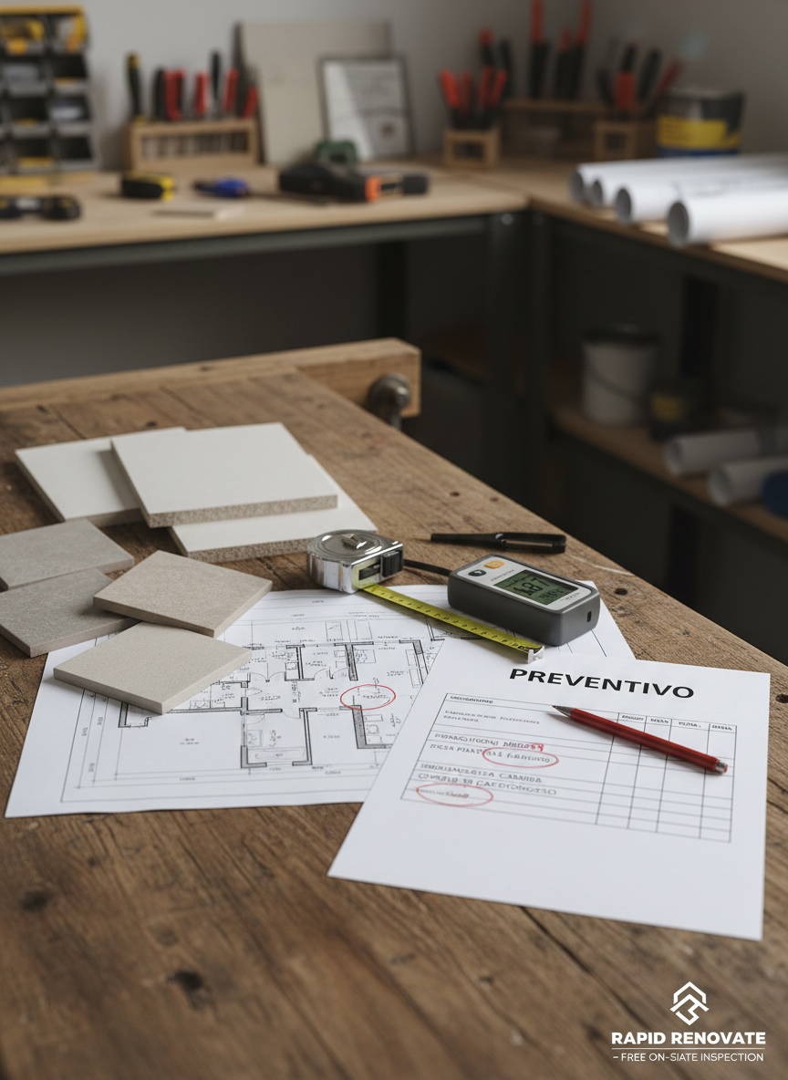 A professional renovation estimate scene on a sturdy wooden workbench, featuring detailed floor plans of an apartment, a printed preventivo with clear line items, and precise measurements highlighted in pen. Beside the documents lay a metal measuring tape, digital laser distance meter, and a neatly stacked pile of sample tiles and plasterboard offcuts, representing masonry and cartongesso options. Neutral office lighting from above creates soft, controlled shadows and readable details on the paper. The background shows blurred, clean renovation tools and material samples on shelves. Shot from a slightly overhead angle in photographic realism with moderate depth of field, the atmosphere is professional, transparent, and efficient, visually supporting the idea of rapid quotes and free on-site inspections for renovation services.